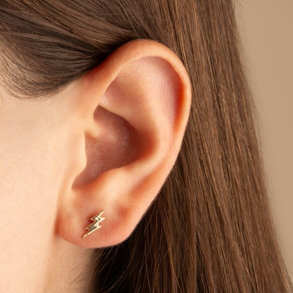 14K Solid Gold Small Lightning Bolt Electric Milgrain Stud Earrings